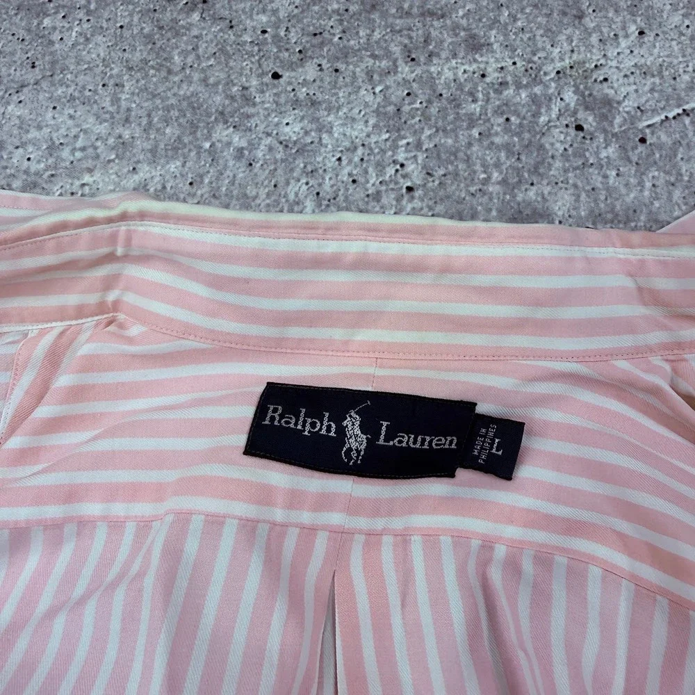 Vintage Polo Ralph Lauren Pink White Striped Button Up Mens L Cotton Blue Pony